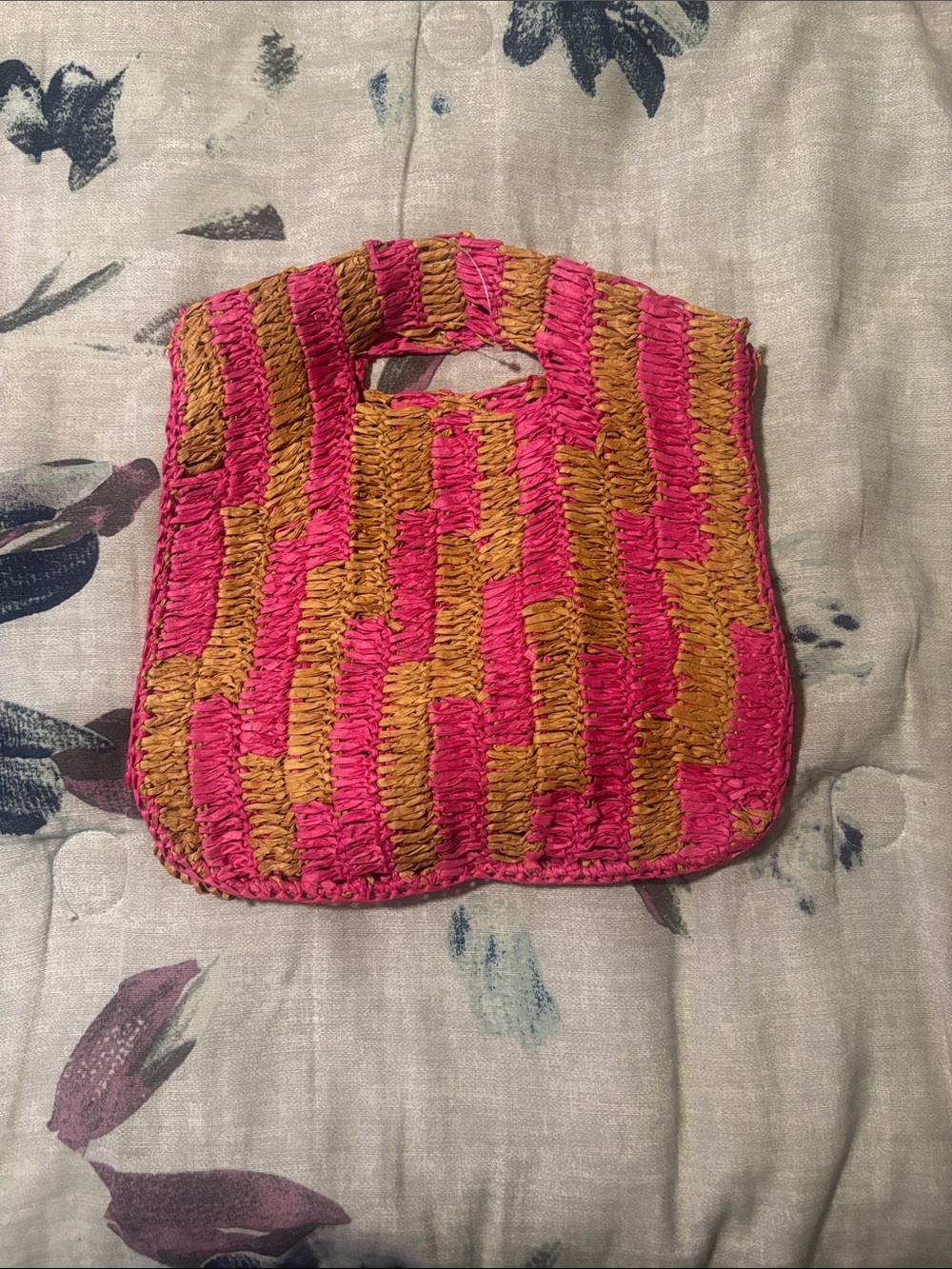 Handwoven Pink and Brown Straw Tote Bag